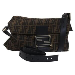 FENDI Zucca Canvas Mamma Baguette Bag Black Brown Gold 8bt180 8bt180